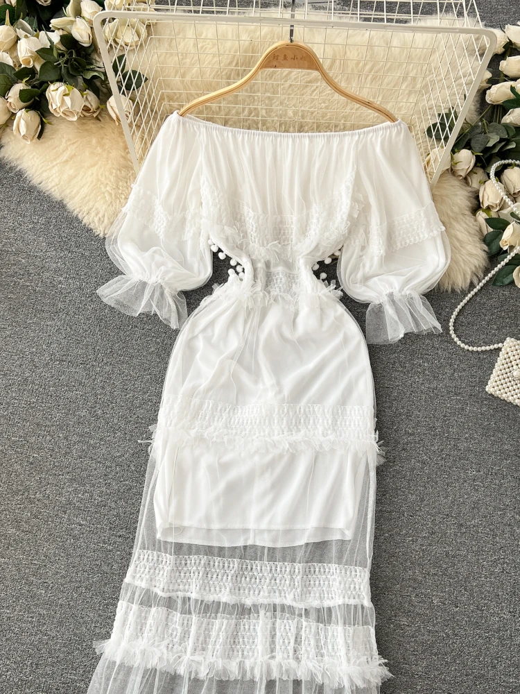 Summer Wedding White Dress Women Sexy Off Shoulder Gauze Puff Sleeve Slim Long Dress Wood Ear Edge Mesh Fishtail Dress