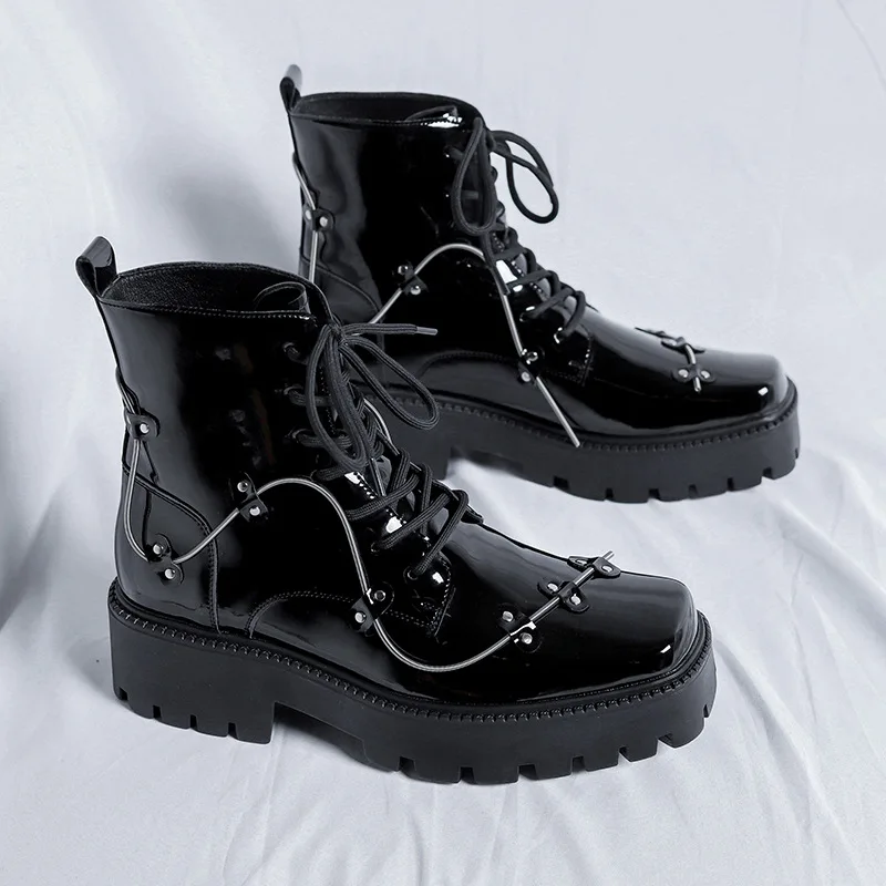 Retro British Style Thick Sole Patent Leather Boots Women Black Square Head All-Match Niche Design Lace Up Metal Decor Boot