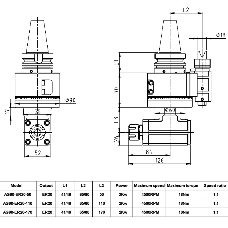 Best Sale 90 Degree Angle Head Horizontal Milling Head SK/BT/KM/ISO/HSK30/40/50 ER11 ER16 ER20 Angle Head for Cnc Milling