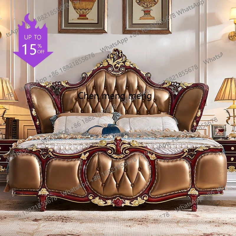 

01A Европейская двуспальная кровать из массива дерева с резьбой в стиле неоклассика, кожаная, для главной спальни, свадебная, мебель для виллы