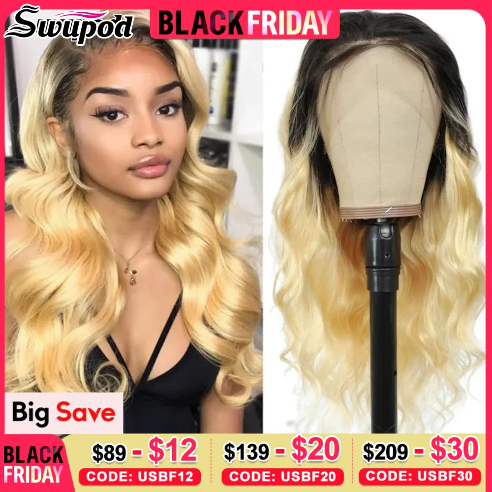 Swupod Body Wave Remy Human Hair 13x4 HD Lace Front Wig for Women 1B613 Ombre Honey Blonde Black Frontal Glueless Pre Plucked