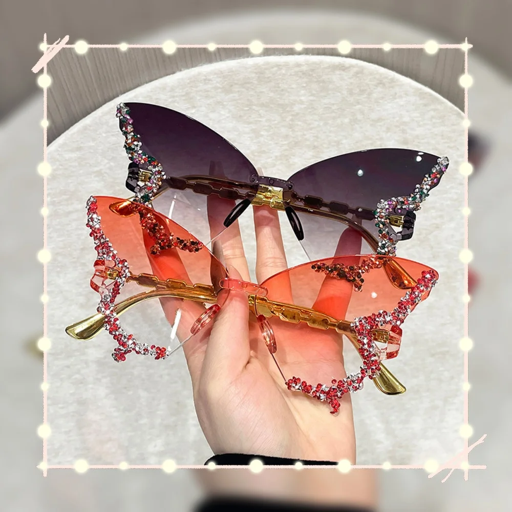 

Rimless Butterfly Sunglasses Rhinestone Butterfly Shaped Gradient Eyewear Bling Diamond Women Men Shades Y2K Vintage Sun Glasses