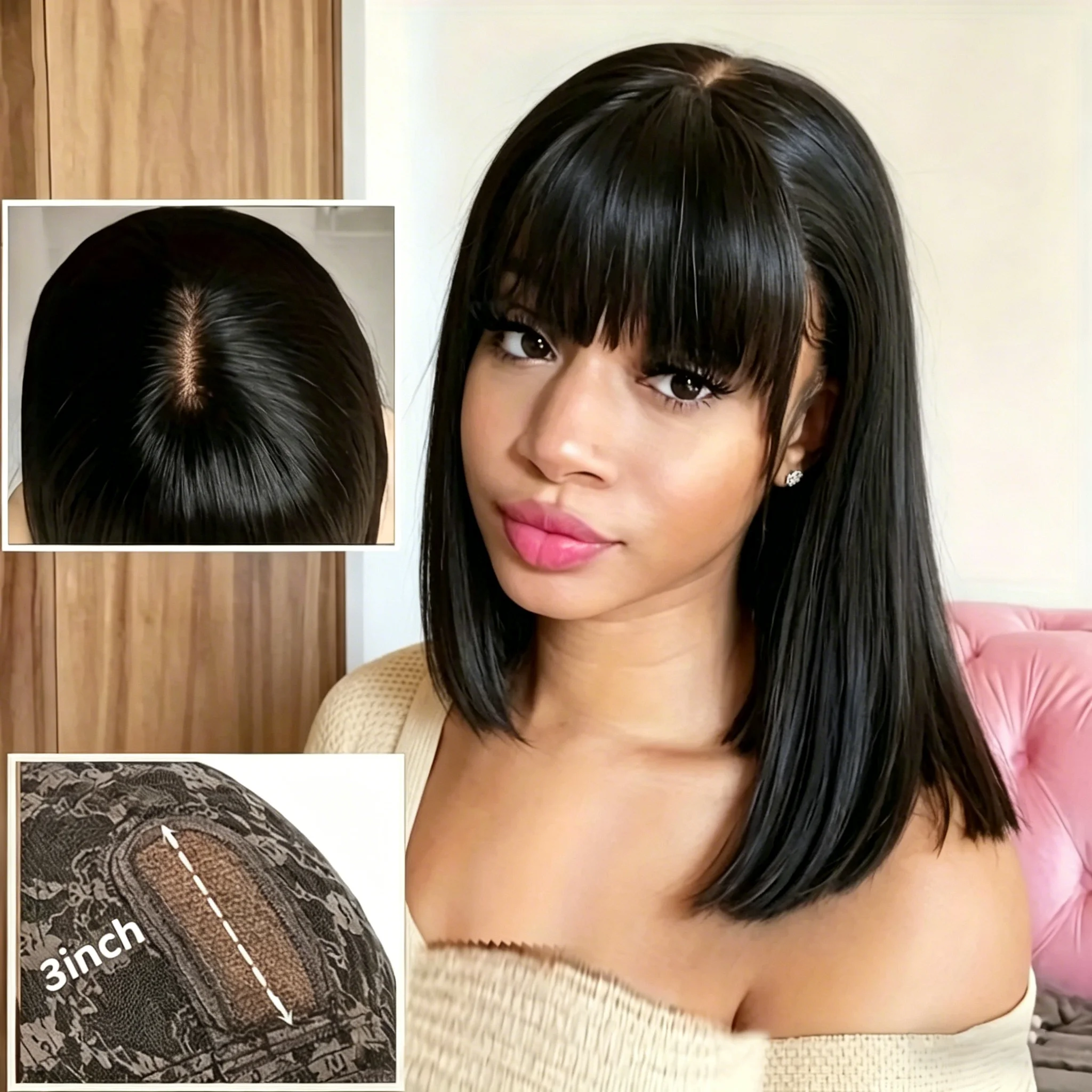 Glueless Indian Remy Human Hair Wig  Natural Color Short Bob with Bangs 3x1 HD Lace Front Straight Wig for  Women Wear And Go