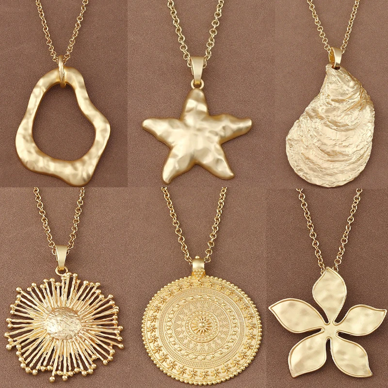 Matt Gold Color Fashion Large Abstract Metal Boho Medallion Jewellery Pendant Necklaces on Long Link Chain Lagenlook 34