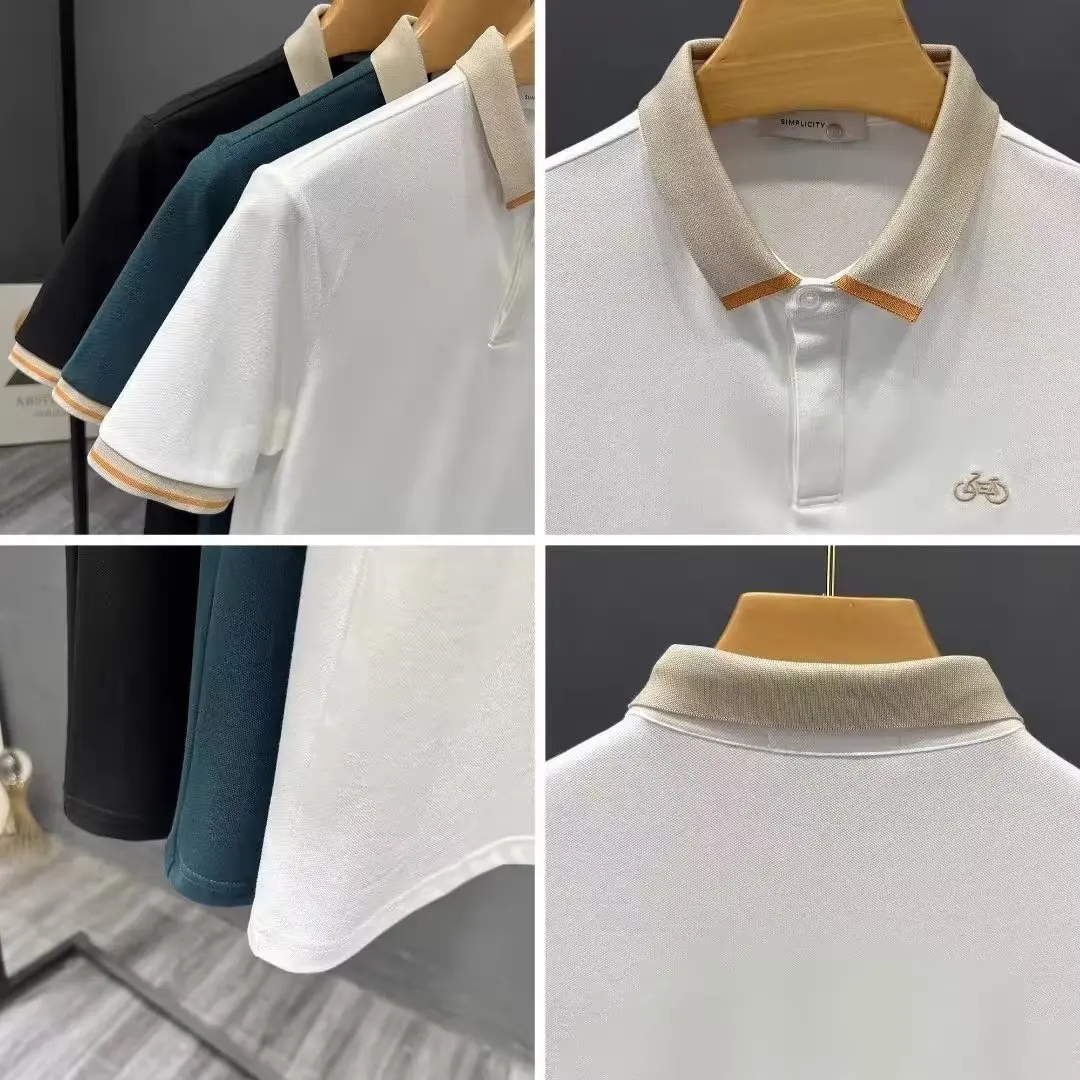 

Lightweight Summer Ice Silk irt Men's ort Sve Embroidered Collar Breathable Cotton Busin Casual Slim Fit T-irt