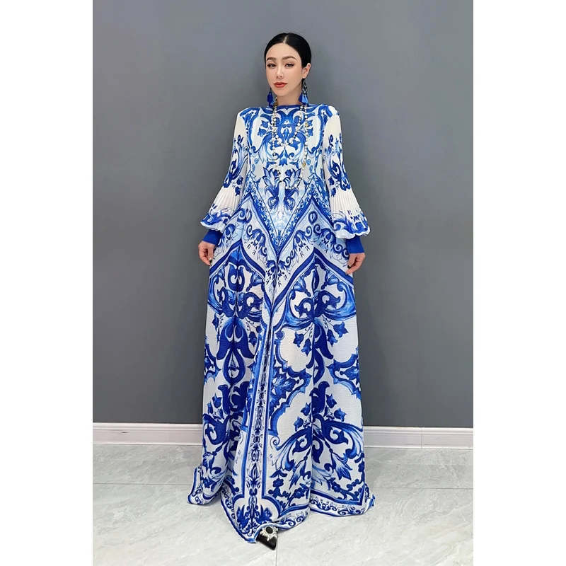 Vefadisa 2024 Spring Summer New Dress Chinese Blue  White Porcelain Printed Hundred pleats Long Dress Elegant Ladies Wear WXY130