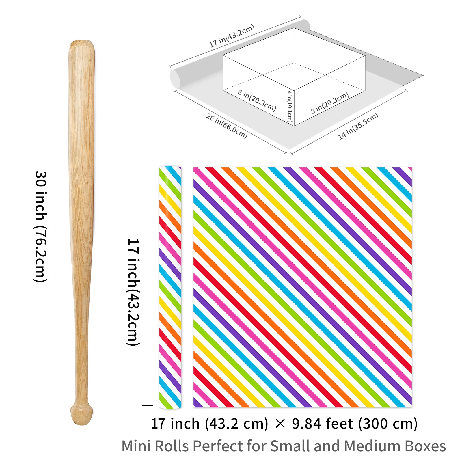 1 Roll of White Rainbow Striped Gift Wrapping Paper, Bright Multicolor Diagonal Stripe Printed Birthday Gift Wrapping Roll, Pride, DIY Craft Decoration, 43.2cm X 300cm