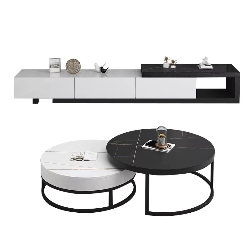&Modern Design Round Coffee Table and TV Stand Iron Leg Marble Top Living Room Furniture Set