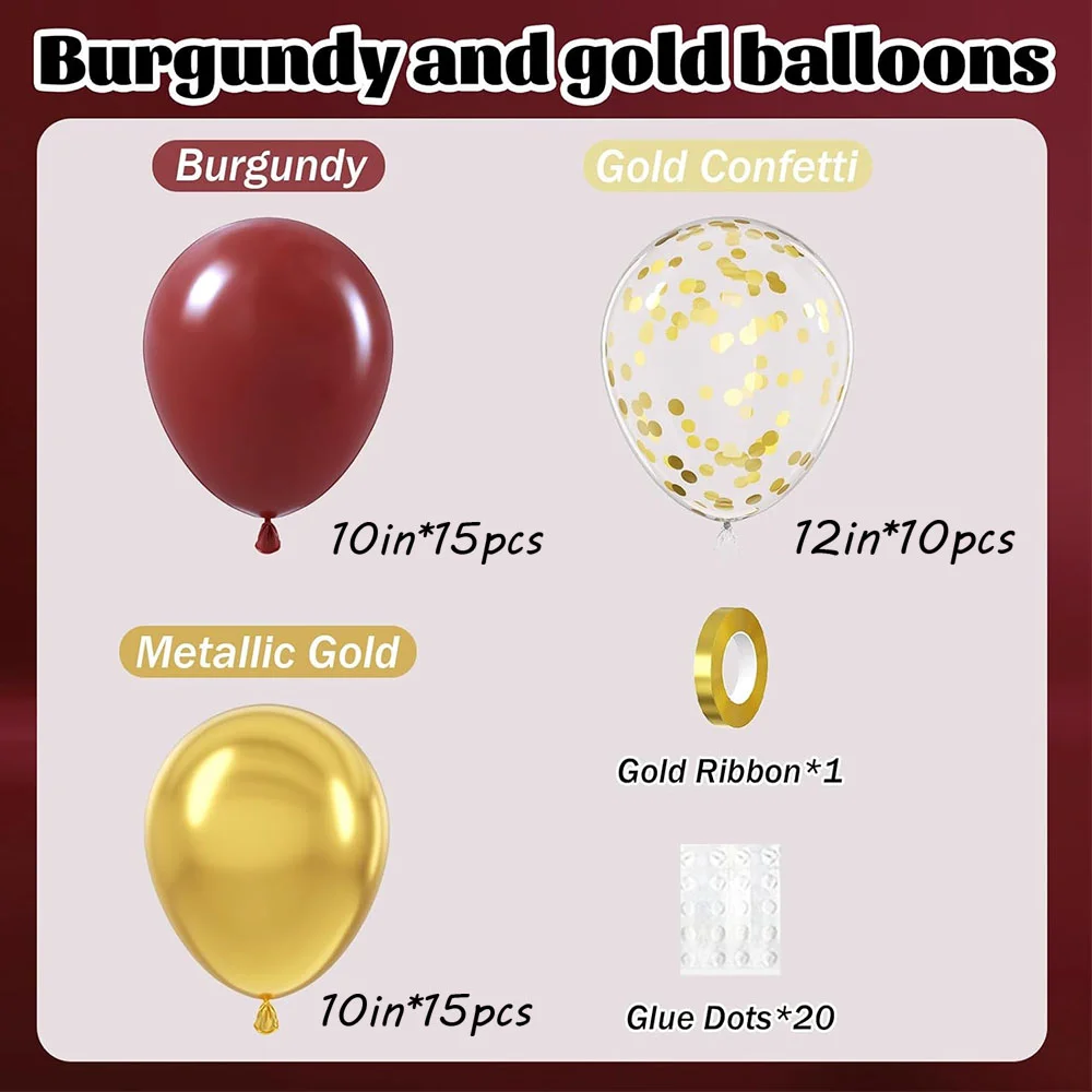 40pcs Burgundy Gold Balloons Set, Gold Balloons with Metallic Gold Confetti Balloons for Graduation Birthday Party Decorations - view 2