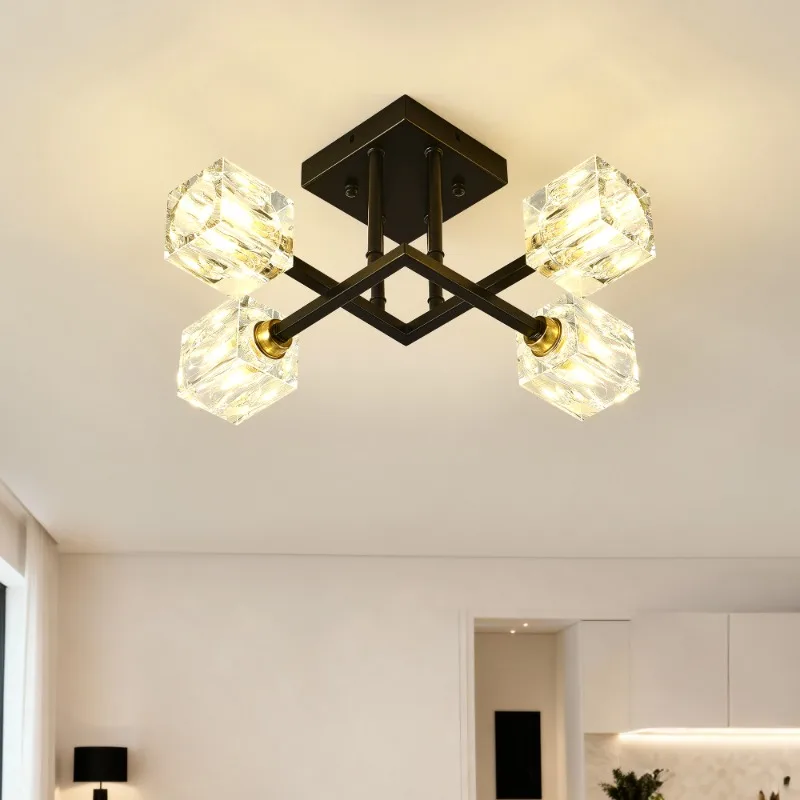 

Matte Black Modern Luxurious Crystal Ceiling Light 4 Lights With Bulbs for Dining Room Living Bedroom Hall Balcony