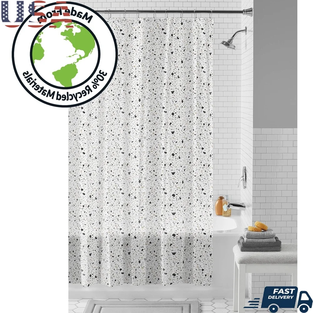 

Eco-friendly Waterproof PEVA Shower Curtain Set with 12 Roller Hooks 13-piece Black White Terrazzo Pattern Easy Clean Recycled