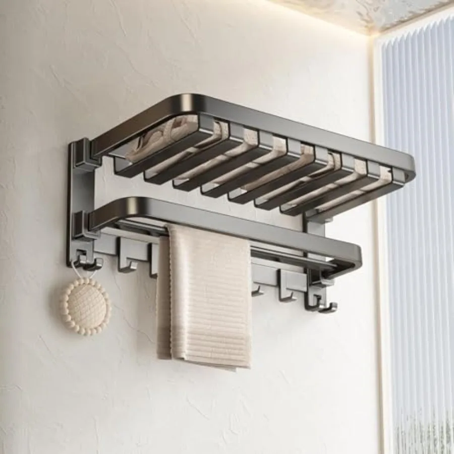 

Bathroom Towel Rack with Double Towel Bar Foldable Towel Shelf Wall Mounted Towel Storage with Hooks No Assembly Required 24Inc