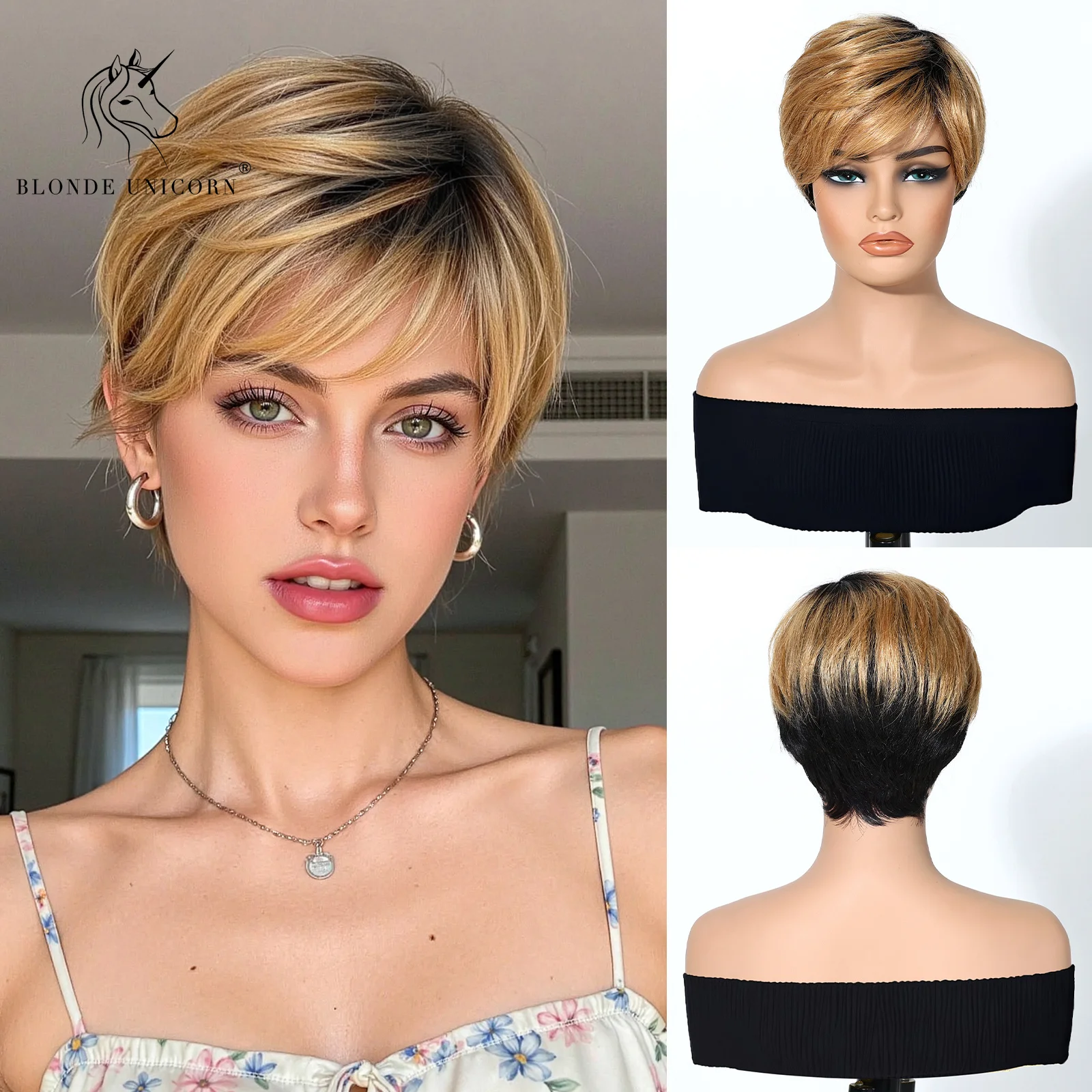 

Blonde Unicorn Human Hair Blend Synthetic Wig Short Wigs Ombre Brown Layered Natural Hair Women with Bangs Party Cosplay Daily