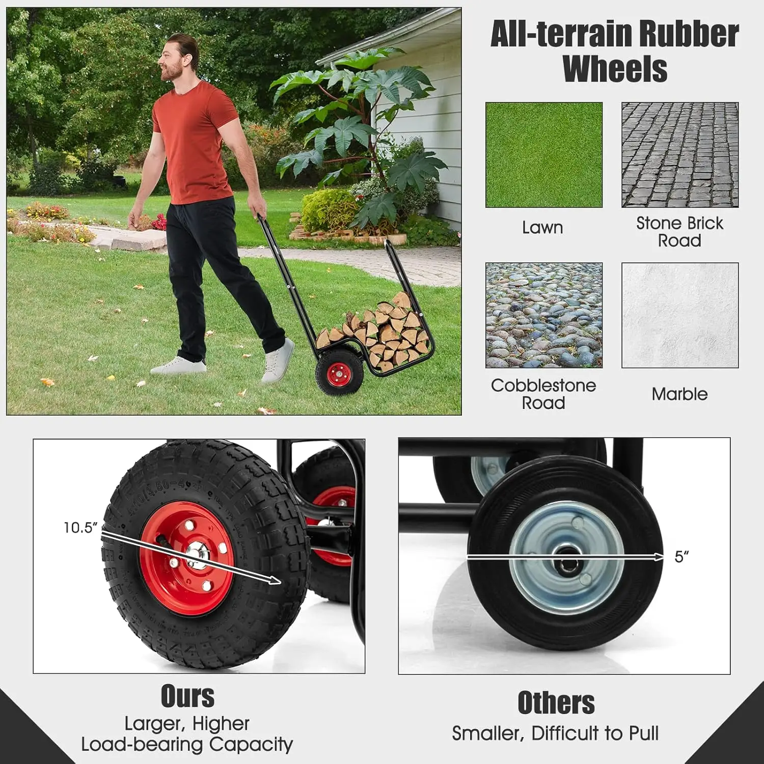Outdoor/Indoor Rolling Firewood Cart, Heavy-Duty Steel, Not Specified Color, 220 LBS Capacity with Pneumatic Rubber Tiers
