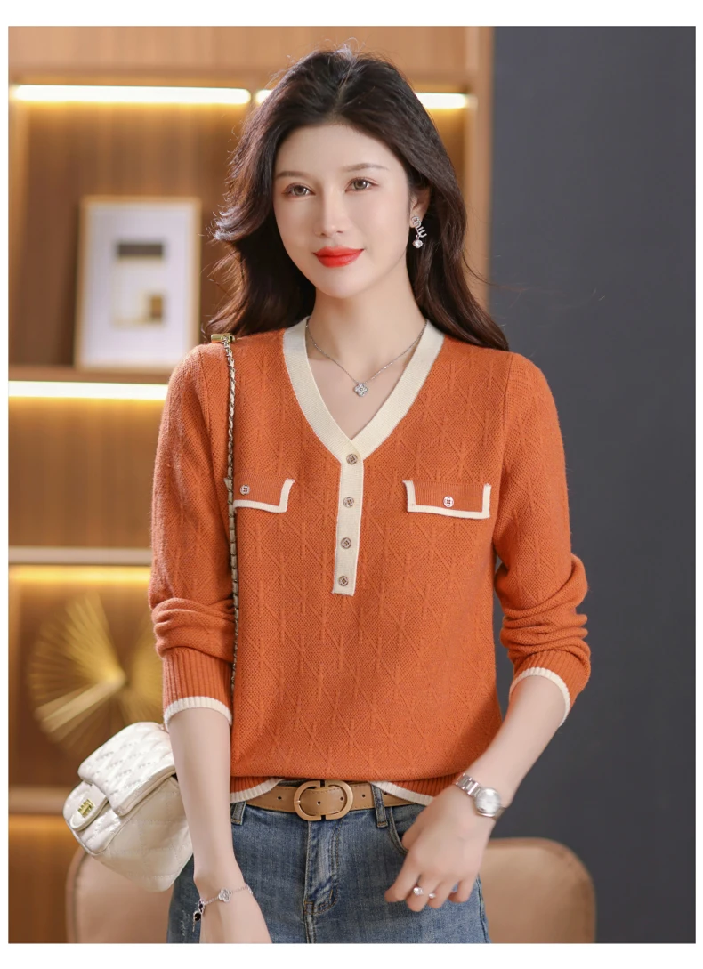 เสื้อสเวตเตอร์ไหมพรมคอวีทรงหลวมสไตล์ใหม่สำหรับฤดูใบไม้ร่วงและฤดูหนาวสำหรับผู้หญิง