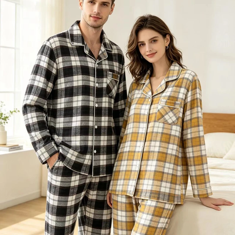Men's 100%Cotton Home Set Long-sleeved Trousers Suits For Autumn And Winter Pijamas For Women Brushed Plaid Design Pajamas