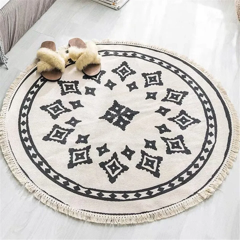 Nordic Morocco Round Carpet Bohemia Ethnic Tassel  Yellow Mandala Carpet Living Room Cotton Linen Big Rugs Modern Classic