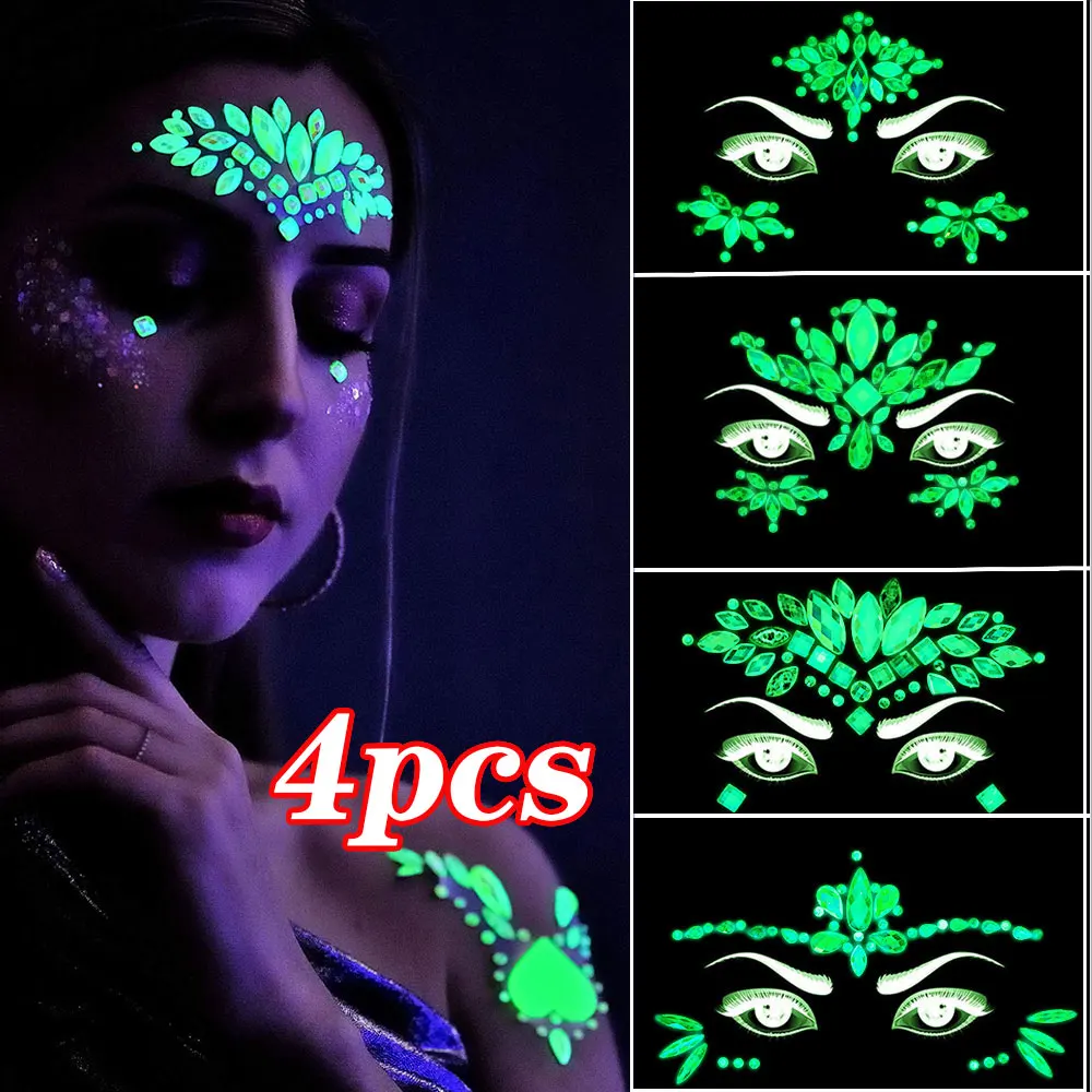 4pcs Glow in the Dark Face Rhinestones Tattoo Stickers Luminous Face Gems Tattoo Body Jewelries Sparkly Party Festival Makeup Y8