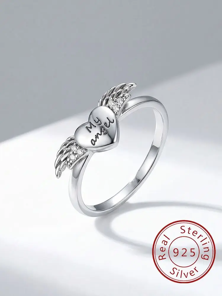 

Модное кольцо из стерлингового серебра 925 пробы с сердечком и крыльями ангела, кольцо с цирконием для женщин, на годовщину, помолвку, роскошное ювелирное изделие высокого качества, подарок