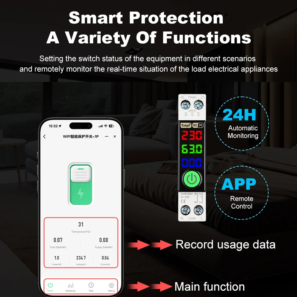 WiFi Smart Circuit Breaker 1‑63A Tuya Smart Life APP Remote Control Energy Meter Over Under Voltage Overcurrent TEMP Protection