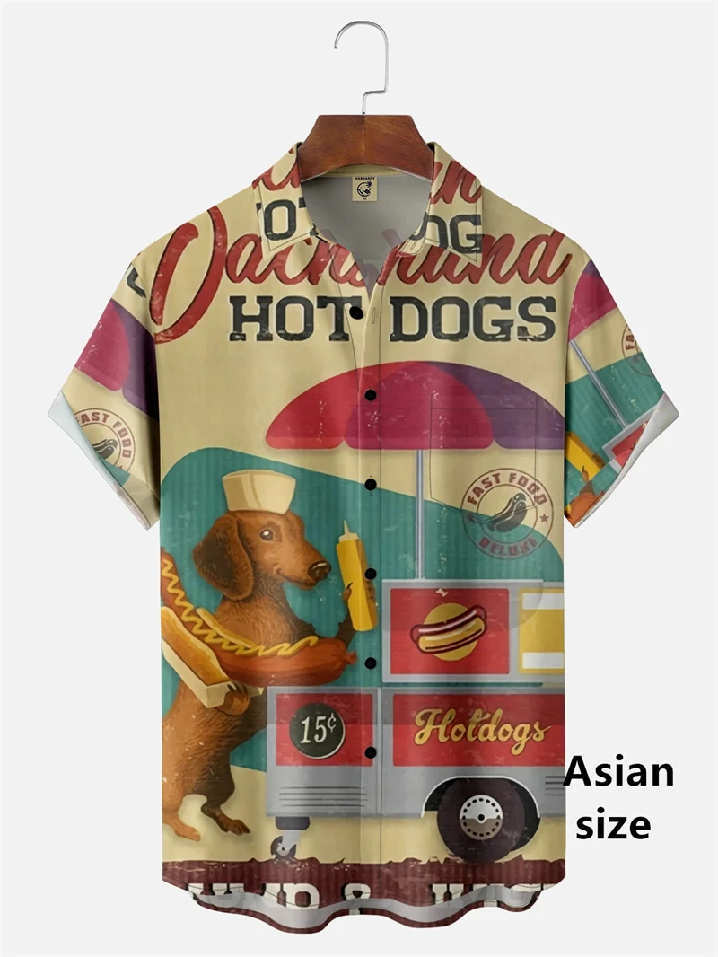 Funny Cartoon Hot Dog Dachshund Graphic Shirts Men Women 3d Printed Casual Vacation Hawaiian Short Sleeve Shirts Button Blouse