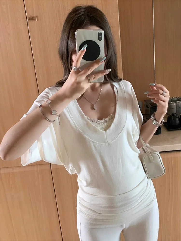

Ribbed Tops Loose V-neck Short Sleeve T-shirt for Woman Summer New Simple Basic Top Design Bat Sleeve T-shirt Casual Y2k Clothes
