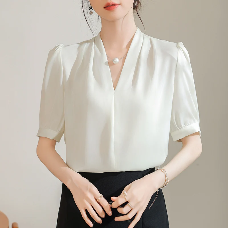 Summer Women\'s V-neck Shirts, Elegant Fashion Loose Short Sleeve Pullover Top, Office Lady Commute Chiffon High Quality Blouses