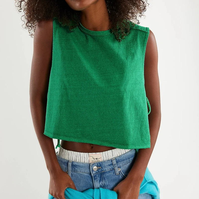 Women's Side Tied Split Crop Tank Tops Y2k Teen Girl Loose Sleeveless Shirt Solid Color Crew Neck Cleanfit Going Out Summer Vest