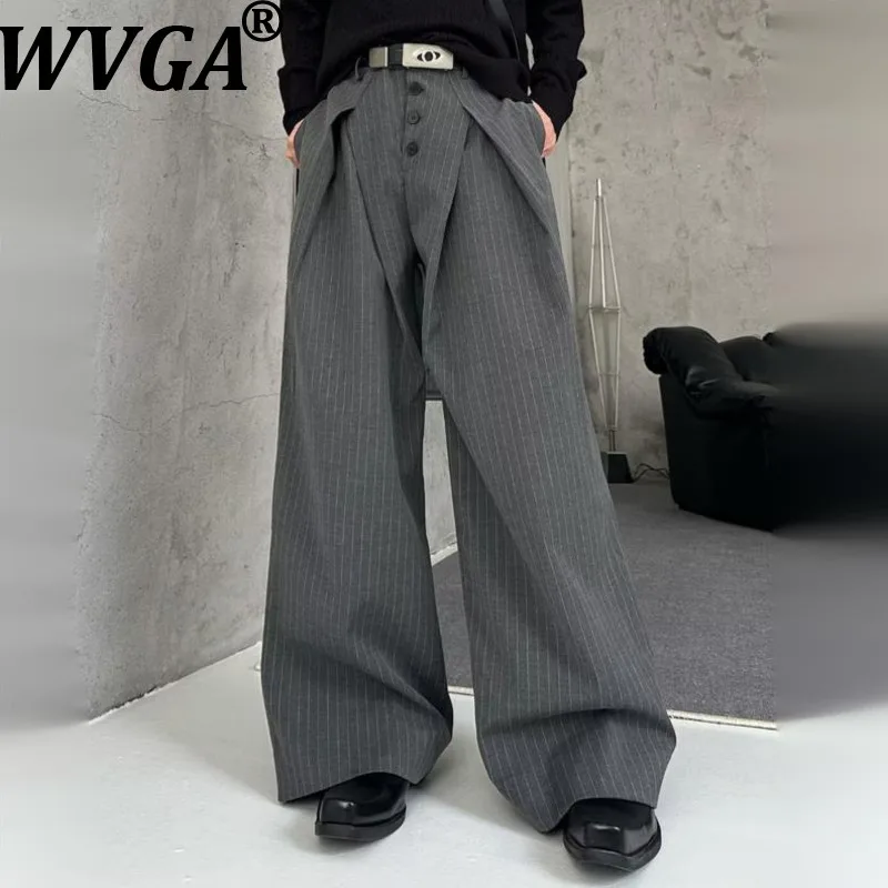 

WVGA Spring Autumn New Men Tide American Style Pleated Draped Button Striped Design Niche Casual Wide-Leg Suit Pants Ins W18545