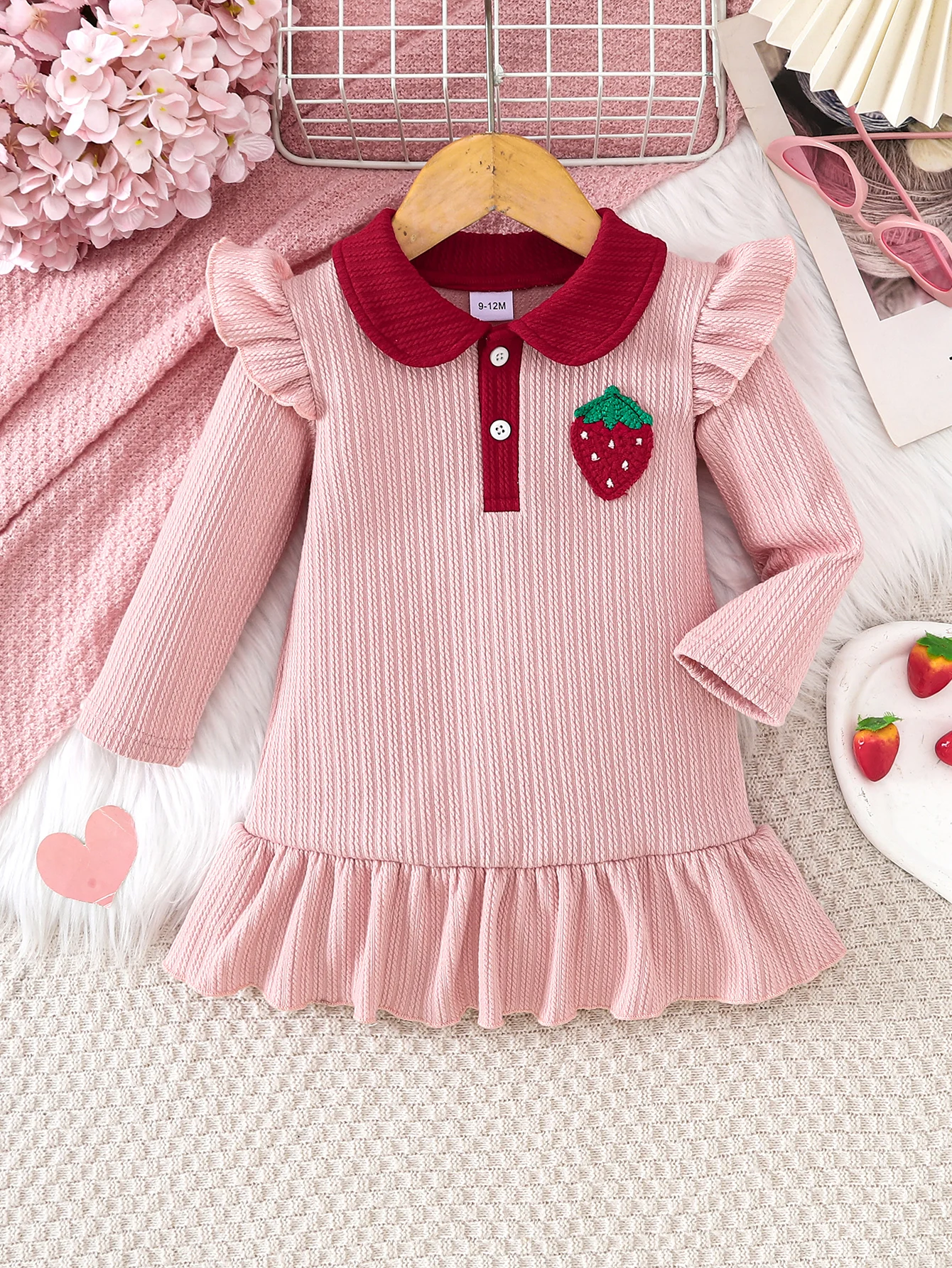 Baby Girl 6M-3Y Long Sleeve Dress Strawberry Embroidery Ruffle Hem Waffle Knit Toddler Princess Dress Spring Fall Kids Outfit