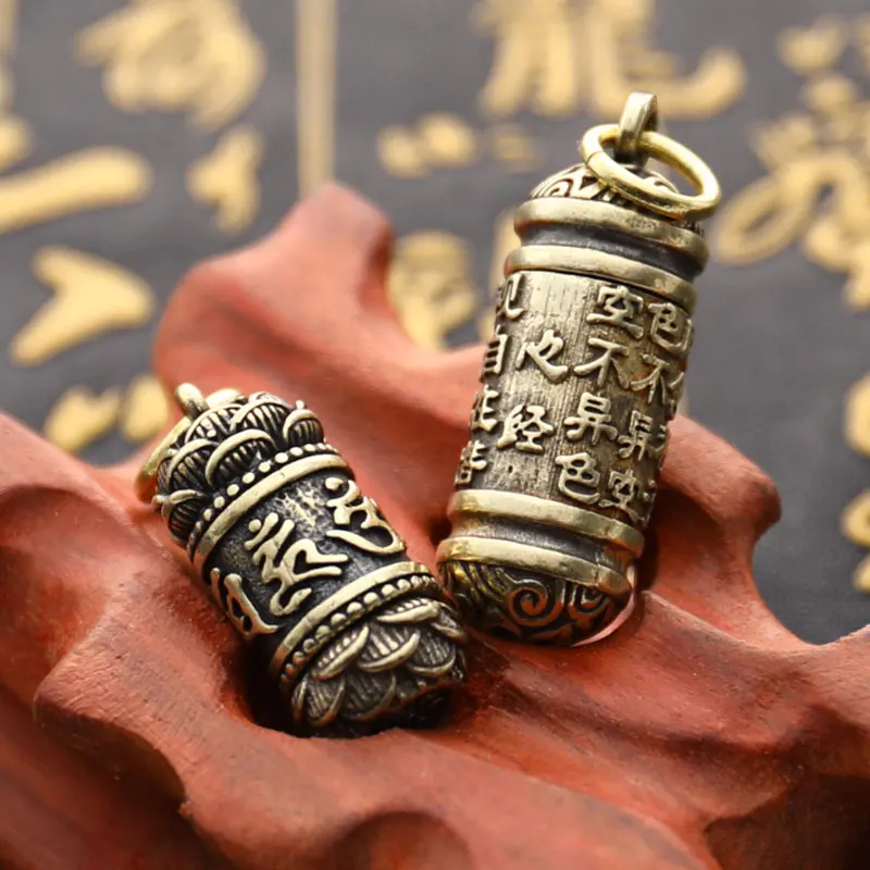 Keychains Brass Buddha GuanYin Sutra Cylinder Pendant Keychain Hanging Necklace Jewelry Pill Box Medicine Case Container Bottle