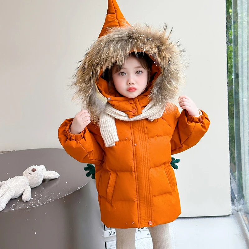 2025 Winter New Pumpkin Children's Fur Hair Collar Cotton Coat for Girls' Warmth Raccoon Hair Collar Cotton Coat Jacket