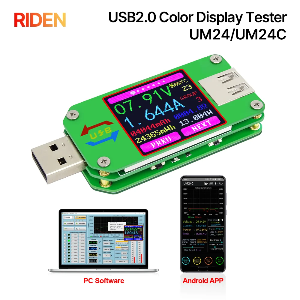 RIDEN UM24 UM24C APP USB 2.0 LCD Display Voltmeter ammeter battery charge voltage current meter multimeter cable measure Tester