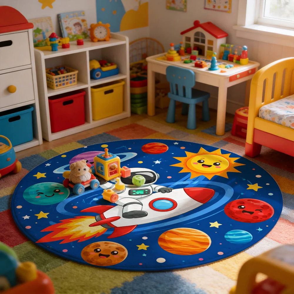 Cute Astronaut Planet Solar System Kids Play Rug Blue Space Nursery Mat Toddler Room Decor