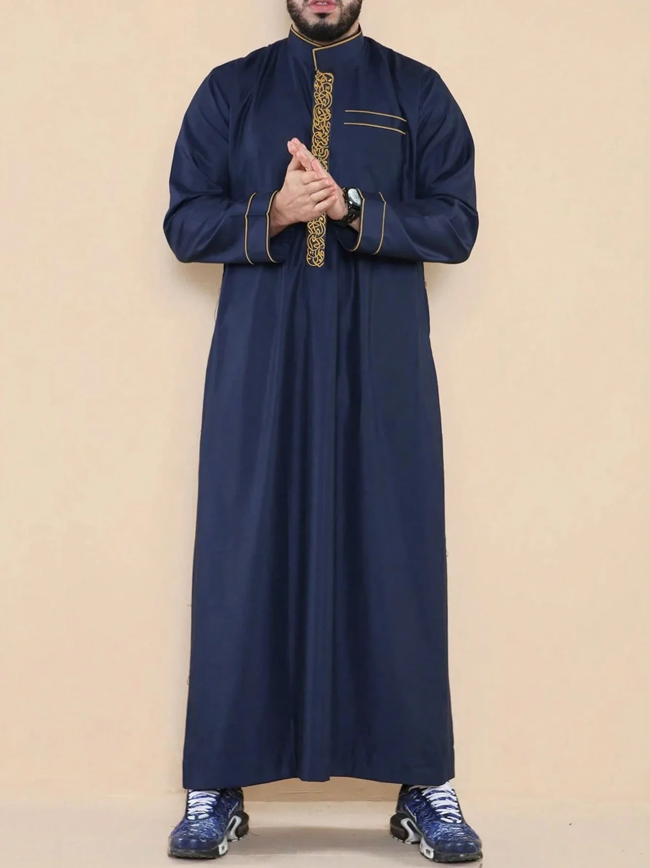 Pakaian Arab Etnik Kasual Bordir Kerah Berdiri Baru 2025 Jubah Panjang Longgar Jubah Pria Ramadhan Dubai Mewah Islam Elegan