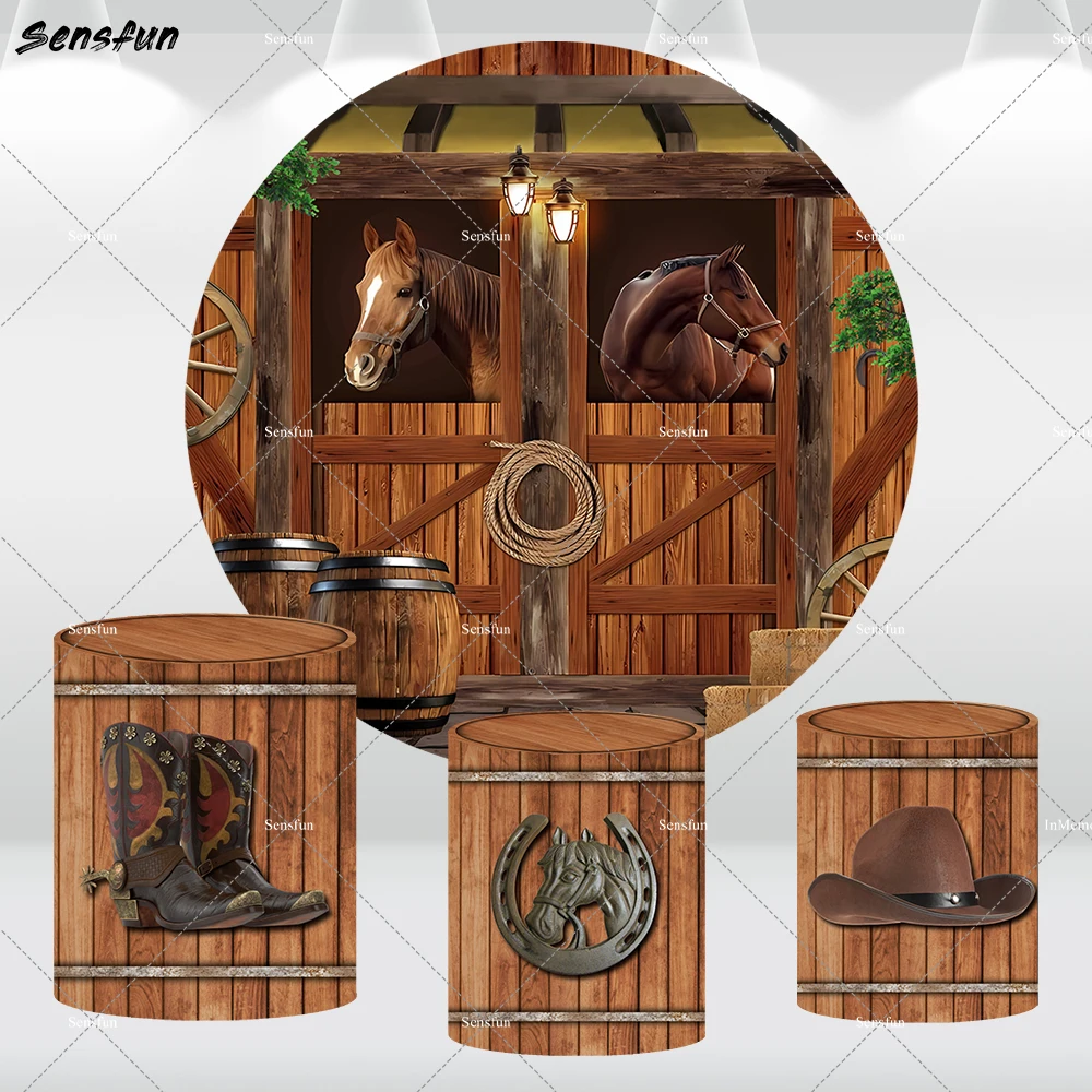 Western Cowboy Round Backdrop Cover for Boys Baby Shower Decorations Rustic Wood Horse theme Kids 1st Birthday Circle Background