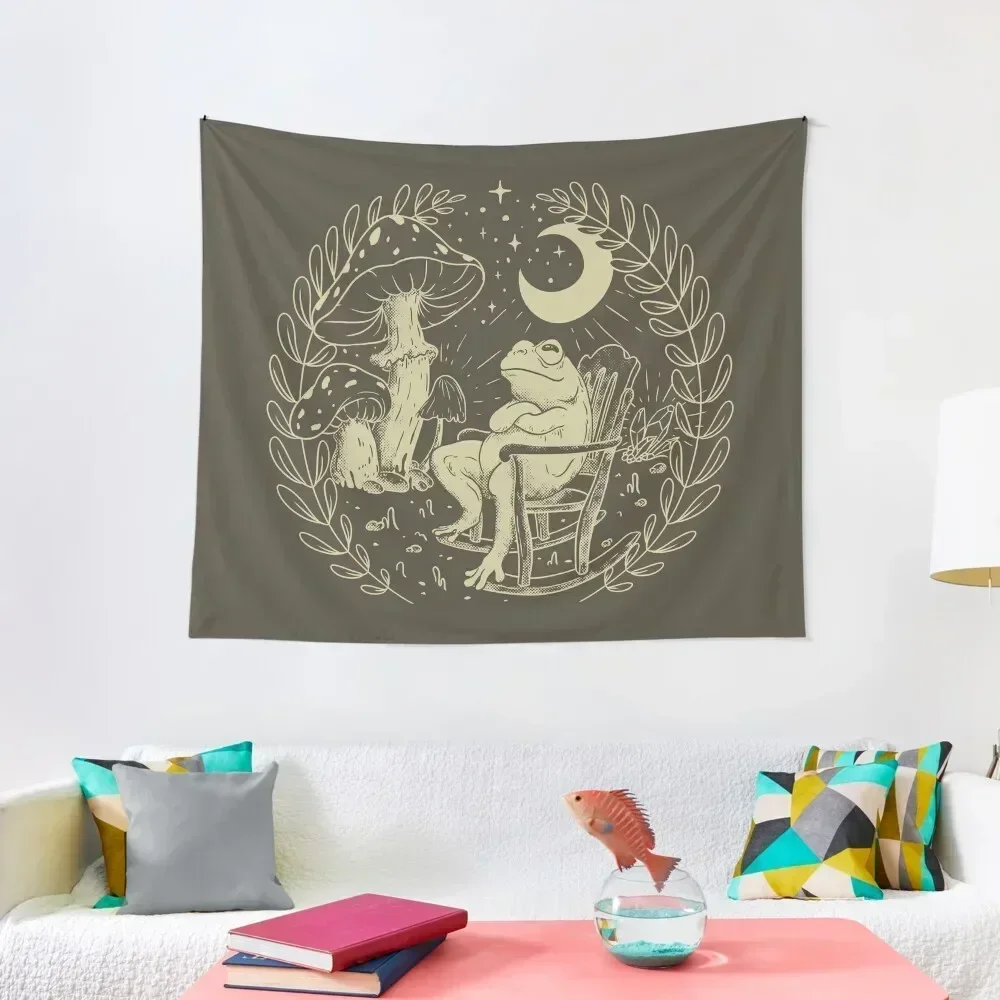 

Goblincore Aesthetic Cottagecore Frog Chilling - Khaki - waiting for mushrooms to grow - Mycology Fungi Shrooms Forager Tapestry