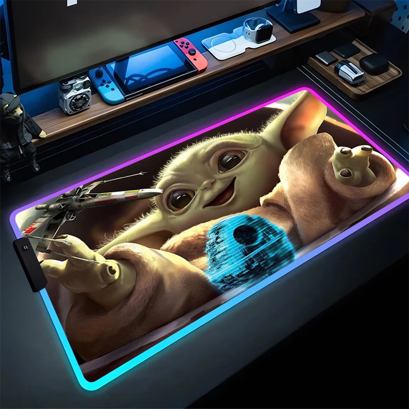 

LED Anime Baby Yoda Mouse Pad Computer Star Wars Gaming Mousepad RGB Kawaii Gamer Cabinet Keyboard Rug Laptop Luminous Desk Mat