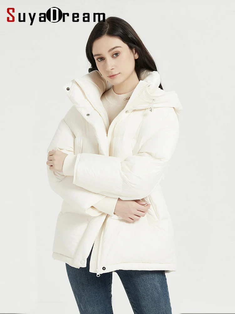 SuyaDream, Women's Down Coat , 90%White Duck Down, Hooded and Stand Collar, Quilted Solid Puffer Jacket, 2024 Fall Winter Parkas