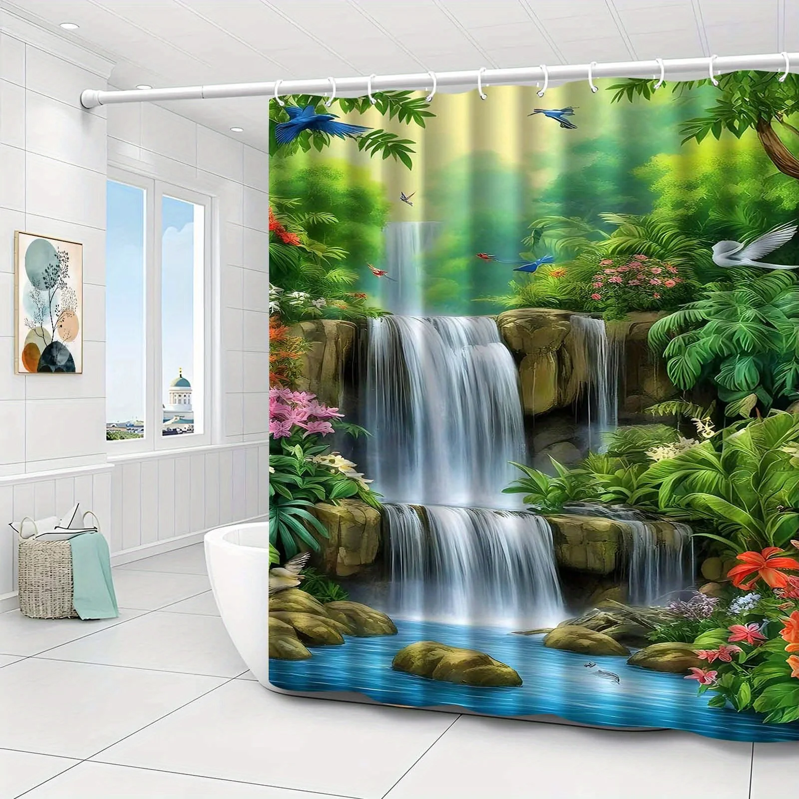 

High End Elegant Waterfall Flowing Bird Plant Landscape Shower Curtain – Bathroom Curtain Home Decoration Partitioned