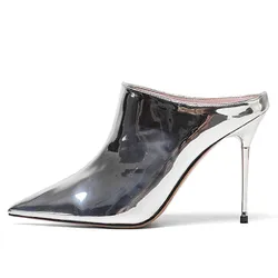 Silver Women's Slippers Sexy Mules Shoes For Women High Heels Sandals Pointed Toe Slides Party Shoes Female Black Large Size 45