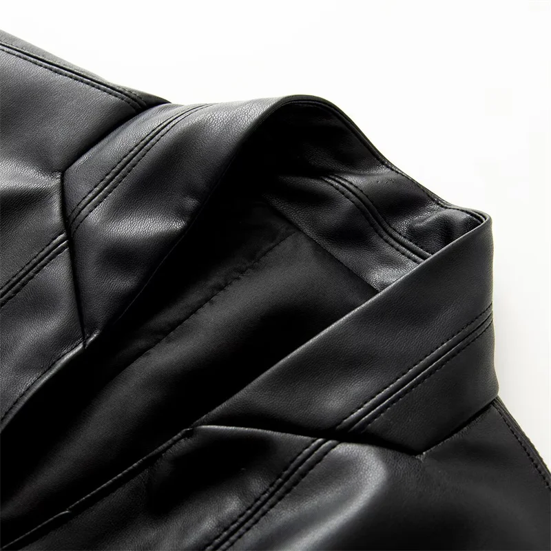 KEYANKETIAN 2026 Autumn Stand Collar Faux Leather Coat Wrap Cross Front Double‑Button Waist‑Tapered Long Sleeve Women PU Jacket