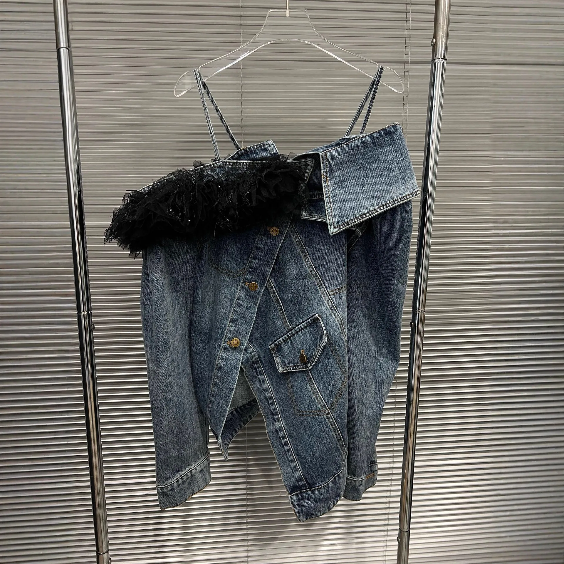2025 New Korean Style Off Shoulder Lace Trim Denim Jacket Women Loose Fit Asymmetrical Single Button