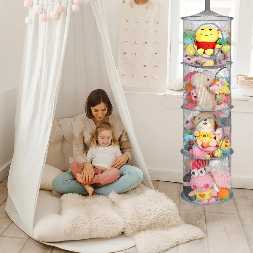 Foldable Plush Animal Storage Net 4 Compartments Hanging Mesh Toy Storage Hammock for Kids Room Toys Gloves Hats Socks