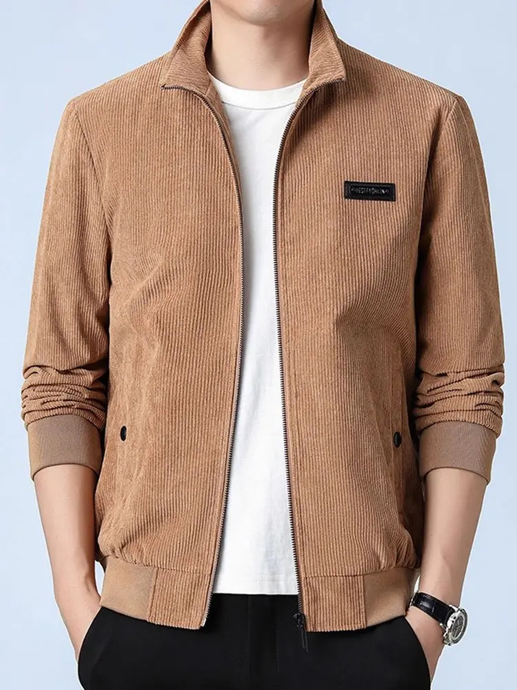 

Corduroy Stand Collar Jaet Men's Spring Autumn Loose Casual Long Sve Outerwear Windproof Youth Faion Polyester Fiber
