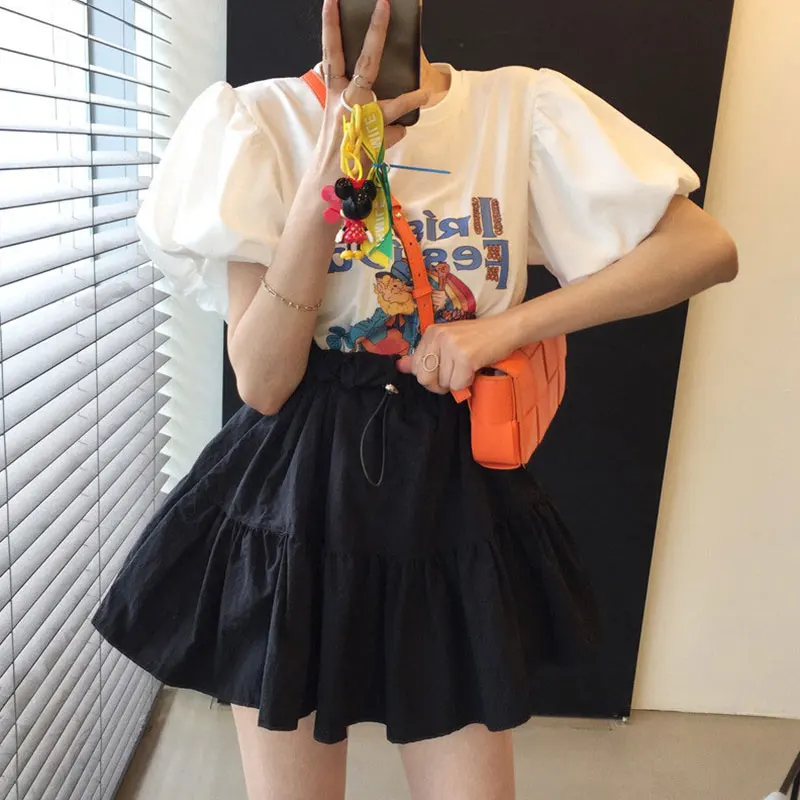 

Chic Summer Cartoon Letter Lantern Sve T-irt with High Waist Dstring Skirt Faionable Casual Outfit for Young Women