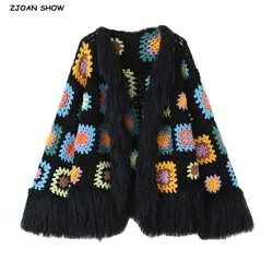 BOHO Long Hairy Tassel Colored Plaid Flower Hand Crochet Cardigan Ethnic Woman V neck Long sleeve Fringe Sweater Knitwear Jumper