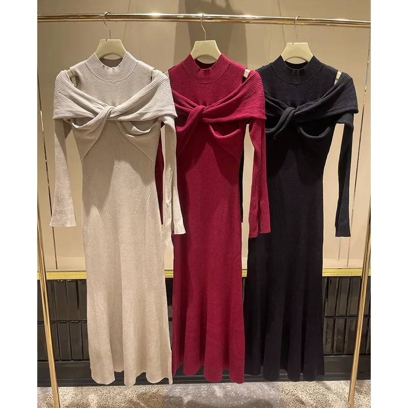 

Elegant Japanese Solid Sweet Cross Off Shoulder Long Sleeve Knit Dress Women 2024 Autumn Winter Bodycon Robes Temperament Ropa