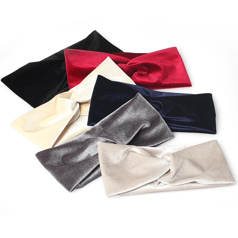 Women Solid Color Velvet Cross Stretch Fabric Headband Female Fashion Elastic Knot Cross Wide Edge Headband Hair Accessories