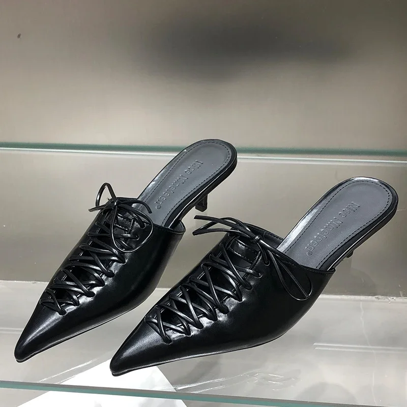 Fashion Pointed Toe Women Heels Shoes Slippers Mules Summer Female Lace up Shallow Outdoor Slides Heeled Ladies Pumps Shoes
